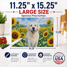Load image into Gallery viewer, Kuvasz in Sunflowers Cutting Board Tempered Glass Kitchen Cutting Surface, Heat Resistant Chopping Board with Non-Slip Feet, Decorative Food Prep &amp; Serving