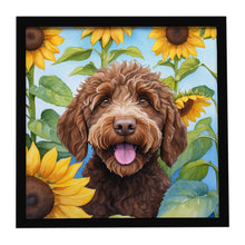 Load image into Gallery viewer, Labradoodle in Sunflowers Framed Metal Print