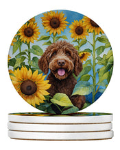 Load image into Gallery viewer, Labradoodle in Sunflowers Large Sandstone Coasters Pack of 4
