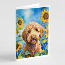 Load image into Gallery viewer, Labradoodle in Sunflowers Greeting Cards - Blank Note Cards – 8-Pack of Artist-Designed Cards with Envelopes