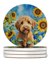 Load image into Gallery viewer, Labradoodle in Sunflowers Large Sandstone Coasters Pack of 4