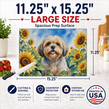 Load image into Gallery viewer, Lhasa Apso in Sunflowers Cutting Board Tempered Glass Kitchen Cutting Surface, Heat Resistant Chopping Board with Non-Slip Feet, Decorative Food Prep &amp; Serving