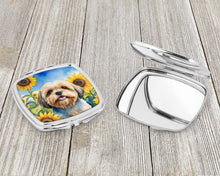 Load image into Gallery viewer, Lhasa Apso in Sunflowers Compact Mirror – Stylish Purse Mirror with Artistic Covers
