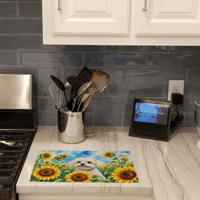 Load image into Gallery viewer, Maltese in Sunflowers Cutting Board Tempered Glass Kitchen Cutting Surface, Heat Resistant Chopping Board with Non-Slip Feet, Decorative Food Prep &amp; Serving