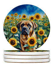 Load image into Gallery viewer, Mastiff in Sunflowers Large Sandstone Coasters Pack of 4