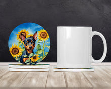 Load image into Gallery viewer, Miniature Pinscher in Sunflowers Large Sandstone Coasters Pack of 4