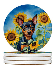 Load image into Gallery viewer, Miniature Pinscher in Sunflowers Large Sandstone Coasters Pack of 4