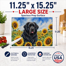 Load image into Gallery viewer, Newfoundland in Sunflowers Cutting Board Tempered Glass Kitchen Cutting Surface, Heat Resistant Chopping Board with Non-Slip Feet, Decorative Food Prep &amp; Serving