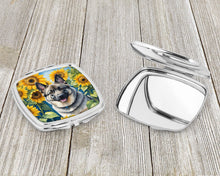 Load image into Gallery viewer, Norwegian Elkhound in Sunflowers Compact Mirror – Stylish Purse Mirror with Artistic Covers