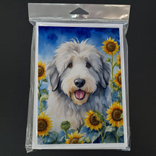 Load image into Gallery viewer, Old English Sheepdog in Sunflowers Greeting Cards - Blank Note Cards – 8-Pack of Artist-Designed Cards with Envelopes