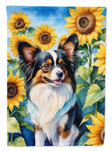Load image into Gallery viewer, Papillon in Sunflowers Garden Flag – Bright Dog-Themed Yard Decor