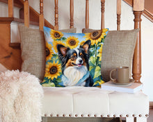 Load image into Gallery viewer, Papillon in Sunflowers Throw Pillow - 14x14 Decorative Pillow – Art for Your Home &amp; Patio