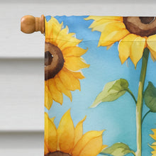 Load image into Gallery viewer, Pomeranian in Sunflowers House Flag