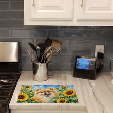Load image into Gallery viewer, Pomeranian in Sunflowers Cutting Board Tempered Glass Kitchen Cutting Surface, Heat Resistant Chopping Board with Non-Slip Feet, Decorative Food Prep &amp; Serving