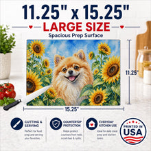 Load image into Gallery viewer, Pomeranian in Sunflowers Cutting Board Tempered Glass Kitchen Cutting Surface, Heat Resistant Chopping Board with Non-Slip Feet, Decorative Food Prep &amp; Serving