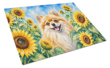 Load image into Gallery viewer, Pomeranian in Sunflowers Cutting Board Tempered Glass Kitchen Cutting Surface, Heat Resistant Chopping Board with Non-Slip Feet, Decorative Food Prep &amp; Serving