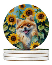 Load image into Gallery viewer, Pomeranian in Sunflowers Large Sandstone Coasters Pack of 4