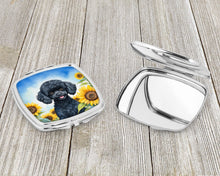 Load image into Gallery viewer, Black Poodle in Sunflowers Compact Mirror – Stylish Purse Mirror with Artistic Covers