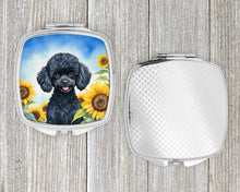 Load image into Gallery viewer, Black Poodle in Sunflowers Compact Mirror – Stylish Purse Mirror with Artistic Covers