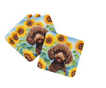 Load image into Gallery viewer, Chocolate Poodle in Sunflowers Coasters - Set of 4 Lightweight Foam, Absorbent Drink Coasters