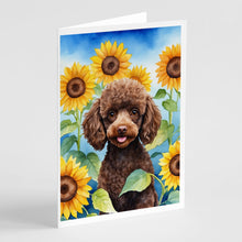 Load image into Gallery viewer, Chocolate Poodle in Sunflowers Greeting Cards - Blank Note Cards – 8-Pack of Artist-Designed Cards with Envelopes
