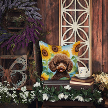 Load image into Gallery viewer, Chocolate Poodle in Sunflowers Throw Pillow