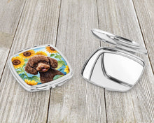 Load image into Gallery viewer, Chocolate Poodle in Sunflowers Compact Mirror – Stylish Purse Mirror with Artistic Covers