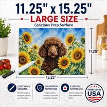 Load image into Gallery viewer, Chocolate Poodle in Sunflowers Cutting Board Tempered Glass Kitchen Cutting Surface, Heat Resistant Chopping Board with Non-Slip Feet, Decorative Food Prep &amp; Serving