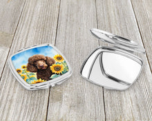 Load image into Gallery viewer, Chocolate Poodle in Sunflowers Compact Mirror – Stylish Purse Mirror with Artistic Covers
