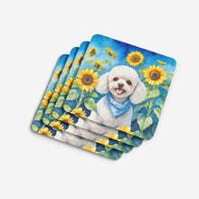 Load image into Gallery viewer, White Poodle in Sunflowers Coasters - Set of 4 Lightweight Foam, Absorbent Drink Coasters