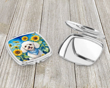 Load image into Gallery viewer, White Poodle in Sunflowers Compact Mirror – Stylish Purse Mirror with Artistic Covers