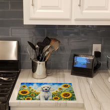 Load image into Gallery viewer, White Poodle in Sunflowers Cutting Board Tempered Glass Kitchen Cutting Surface, Heat Resistant Chopping Board with Non-Slip Feet, Decorative Food Prep &amp; Serving