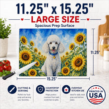 Load image into Gallery viewer, White Poodle in Sunflowers Cutting Board Tempered Glass Kitchen Cutting Surface, Heat Resistant Chopping Board with Non-Slip Feet, Decorative Food Prep &amp; Serving