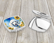 Load image into Gallery viewer, White Poodle in Sunflowers Compact Mirror – Stylish Purse Mirror with Artistic Covers