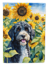 Load image into Gallery viewer, Portuguese Water Dog in Sunflowers House Flag
