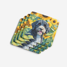 Load image into Gallery viewer, Portuguese Water Dog in Sunflowers Coasters - Set of 4 Lightweight Foam, Absorbent Drink Coasters