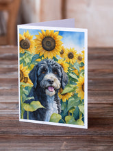 Load image into Gallery viewer, Portuguese Water Dog in Sunflowers Greeting Cards - Blank Note Cards – 8-Pack of Artist-Designed Cards with Envelopes