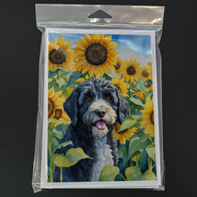 Load image into Gallery viewer, Portuguese Water Dog in Sunflowers Greeting Cards - Blank Note Cards – 8-Pack of Artist-Designed Cards with Envelopes