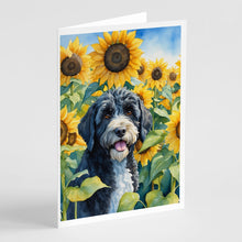 Load image into Gallery viewer, Portuguese Water Dog in Sunflowers Greeting Cards - Blank Note Cards – 8-Pack of Artist-Designed Cards with Envelopes