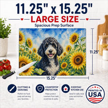 Load image into Gallery viewer, Portuguese Water Dog in Sunflowers Cutting Board Tempered Glass Kitchen Cutting Surface, Heat Resistant Chopping Board with Non-Slip Feet, Decorative Food Prep &amp; Serving