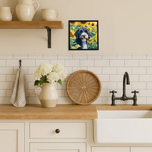Load image into Gallery viewer, Portuguese Water Dog in Sunflowers Framed Metal Print