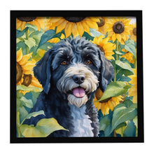Load image into Gallery viewer, Portuguese Water Dog in Sunflowers Framed Metal Print