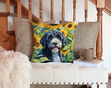 Load image into Gallery viewer, Portuguese Water Dog in Sunflowers Throw Pillow - 14x14 Decorative Pillow – Art for Your Home &amp; Patio