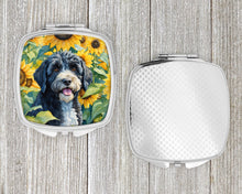 Load image into Gallery viewer, Portuguese Water Dog in Sunflowers Compact Mirror – Stylish Purse Mirror with Artistic Covers