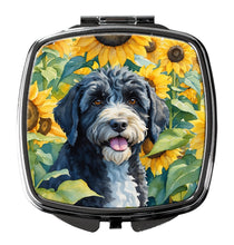 Load image into Gallery viewer, Portuguese Water Dog in Sunflowers Compact Mirror – Stylish Purse Mirror with Artistic Covers