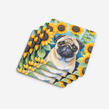 Load image into Gallery viewer, Pug in Sunflowers Coasters - Set of 4 Lightweight Foam, Absorbent Drink Coasters