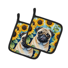 Load image into Gallery viewer, Pug in Sunflowers Pot Holders - Set of 2 Decorative Kitchen Helpers | Made in the USA