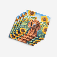 Load image into Gallery viewer, Redbone Coonhound in Sunflowers Coasters - Set of 4 Lightweight Foam, Absorbent Drink Coasters