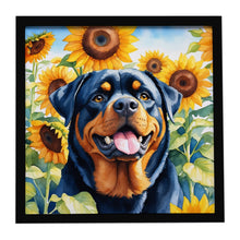 Load image into Gallery viewer, Rottweiler in Sunflowers Framed Metal Print
