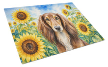 Load image into Gallery viewer, Saluki in Sunflowers Cutting Board Tempered Glass Kitchen Cutting Surface, Heat Resistant Chopping Board with Non-Slip Feet, Decorative Food Prep &amp; Serving